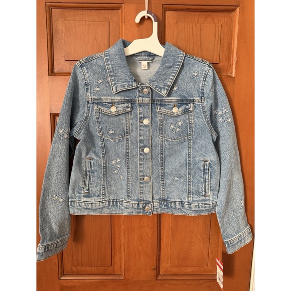 Cat & Jack Other - Girls Cat & Jack Floral Embroidered Denim Jacket White Stitched Daisy Size XL